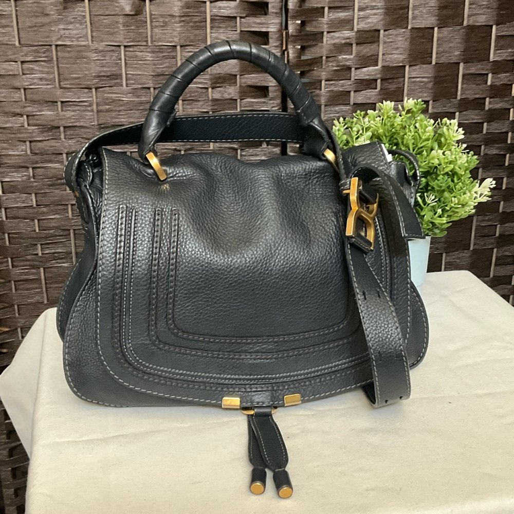 Chloe Dark Leather Crossbody Bag with Gold Details